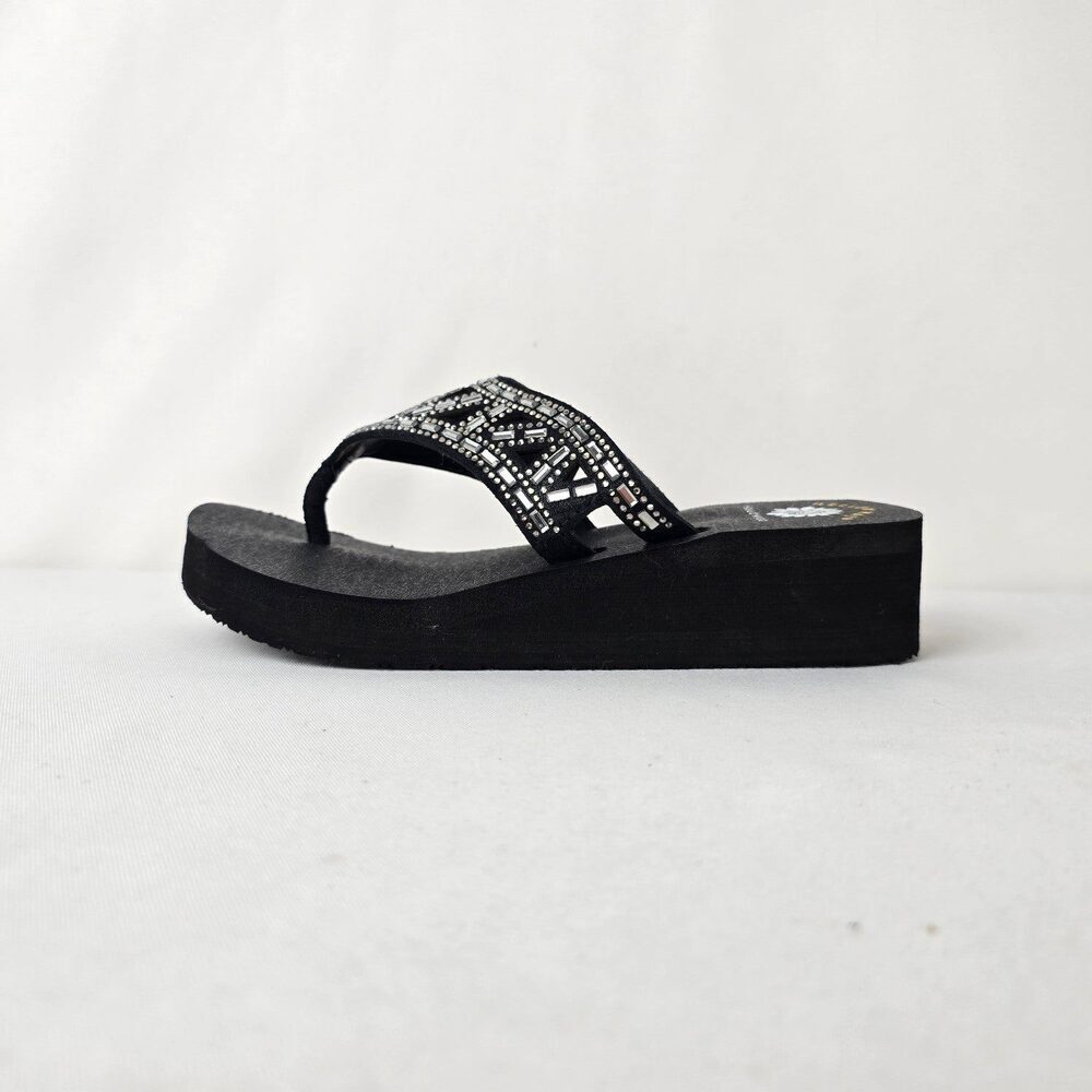 Yellow Box Black Beaded Flip Flop Wedges Size 6 Sparkle Comfort Sandals
